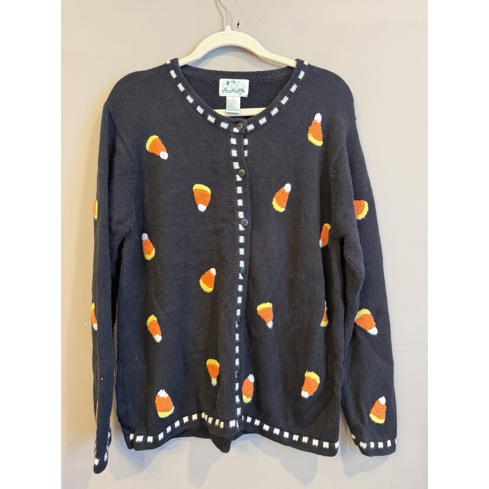 VTG Quacker Factory Halloween Candy Corn Knit Sweater Cardigan SZ L